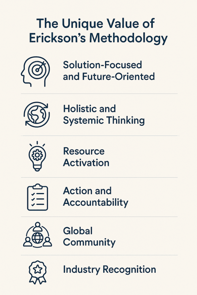 The Unique Value of Erickson’s Methodology
Solution‑Focused and Future‑Oriented
Holistic and Systemic Thinking
Resource Activation
Action and Accountability
Global Community
Industry Recognition
