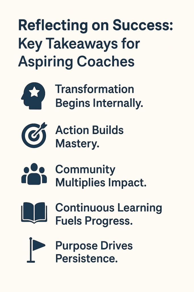 Reflecting on Success: Key Takeaways for Aspiring Coaches
Transformation Begins Internally.
Action Builds Mastery.
Community Multiplies Impact.
Continuous Learning Fuels Progress.
Purpose Drives Persistence.
